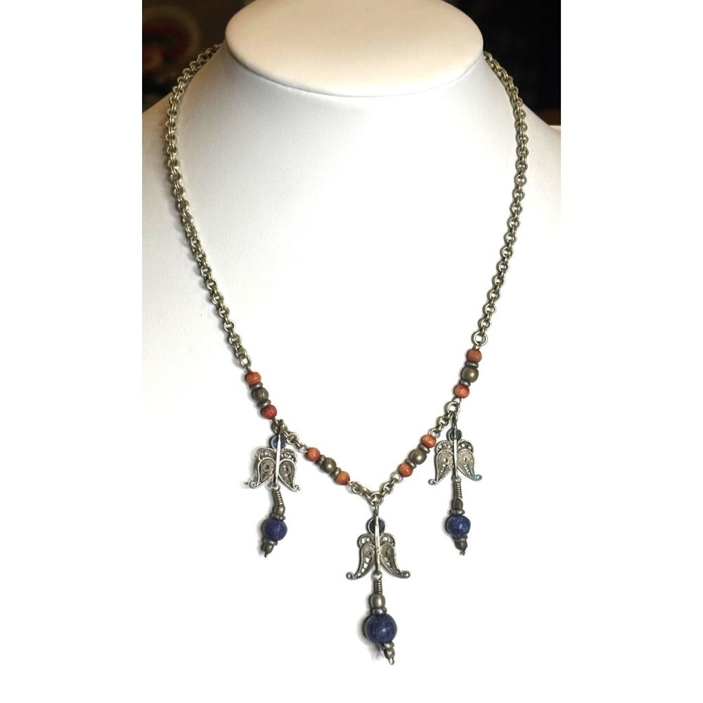 Vintage Angel Pendant Necklace With Lapis Beads & Brass Chain